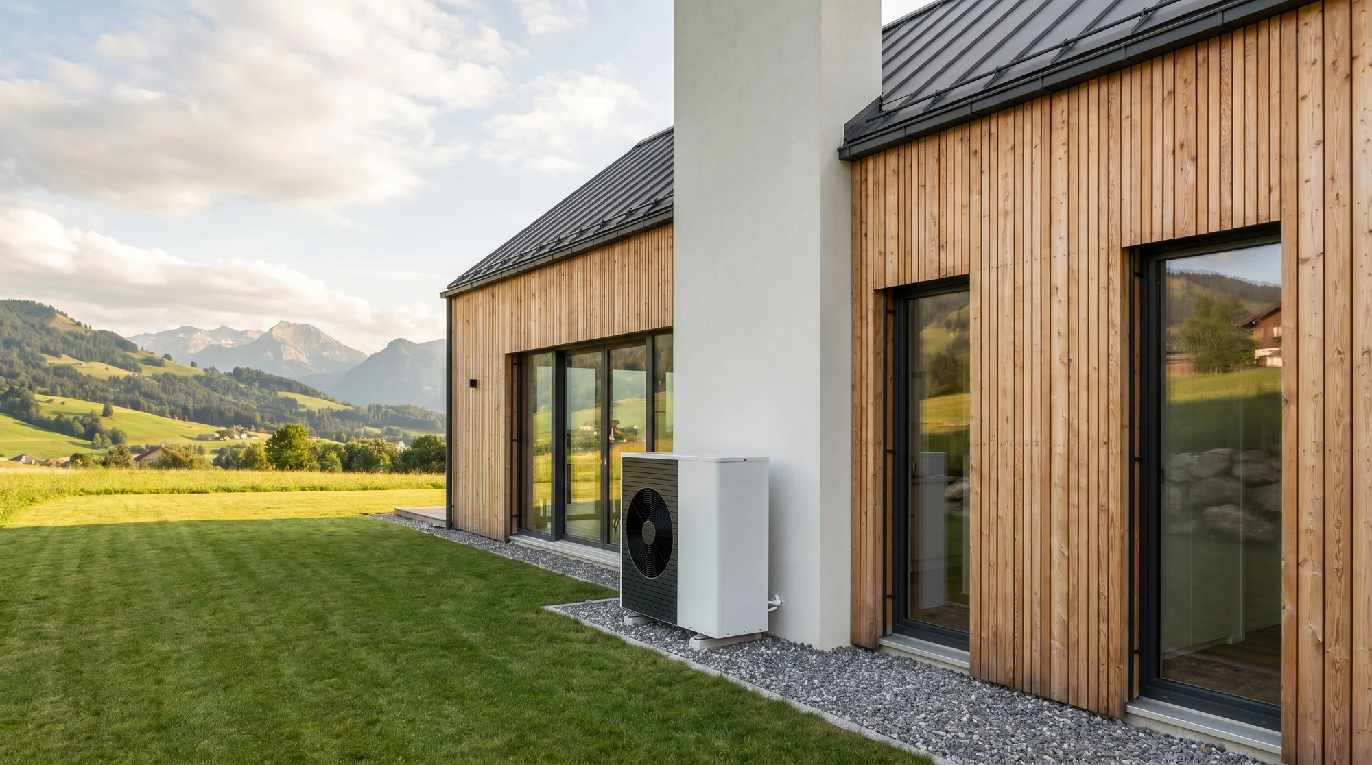 Wärmepumpe Arlesheim: Moderne Luft-Wasser-Wärmepumpe an einem Schweizer Haus